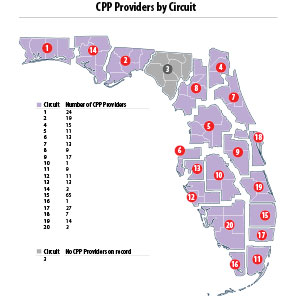 Child Parent Psychotherapy Providers (CPP) by Circuit; Number of CPP Providers &mdash; Circuit 1: 24; Circuit 2: 19; Circuit 4: 15; Circuit 5: 11; Circuit 6: 13; Circuit 7: 13; Circuit 8: 9; Circuit 9: 17; Circuit 10: 1; Circuit 11: 9; Circuit 12: 11; Circuit 13: 13; Circuit 14: 3; Circuit 15: 65; Circuit 16: 1; Circuit 17: 27; Circuit 18: 7; Circuit 19: 14; Circuit 20: 3; Circuit 3: No Providers on Record